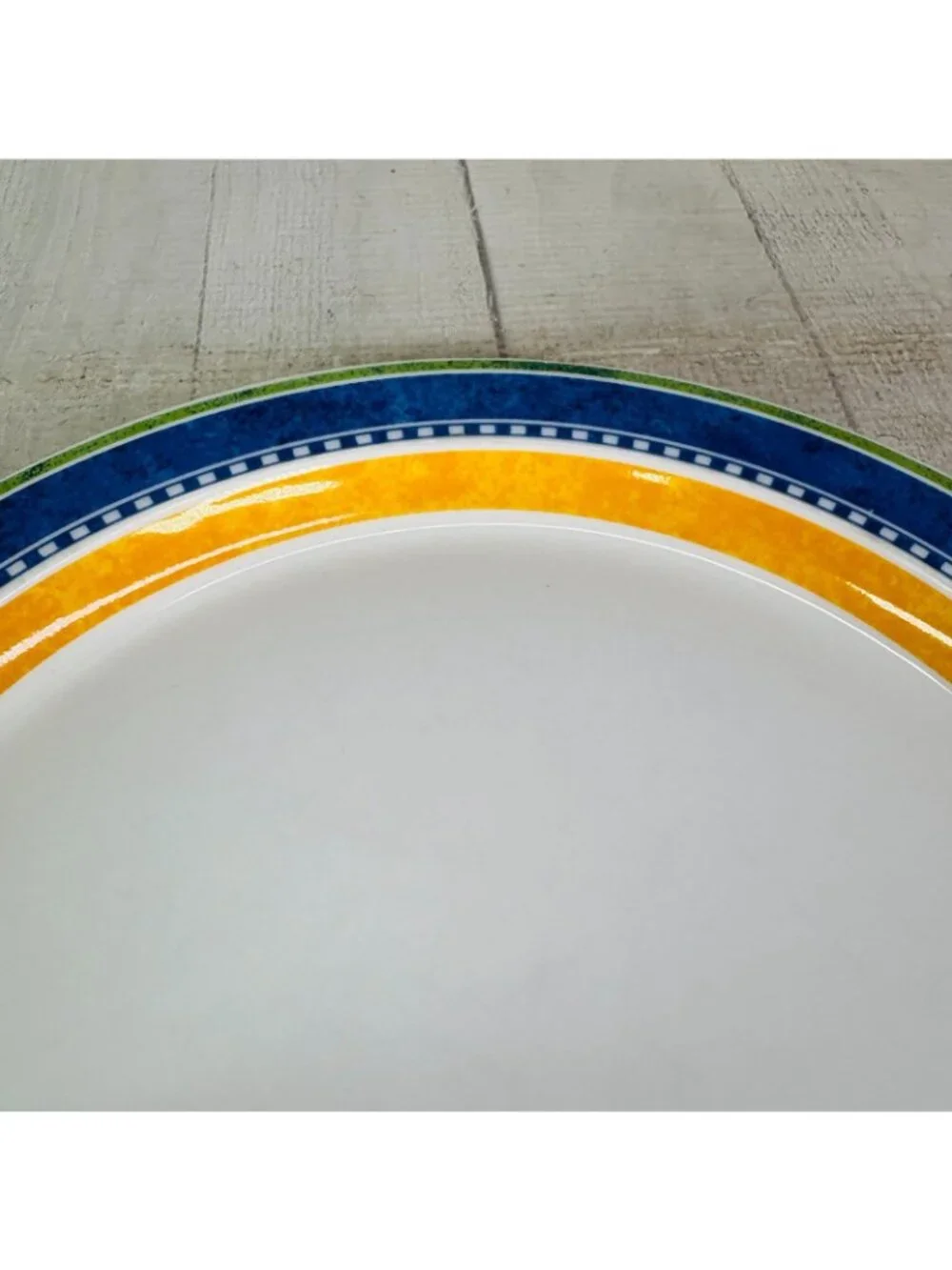 Dansk Bistro KOBENHAVN Blue Yellow Band Smooth Green Trim Dinner Plates Set of 4